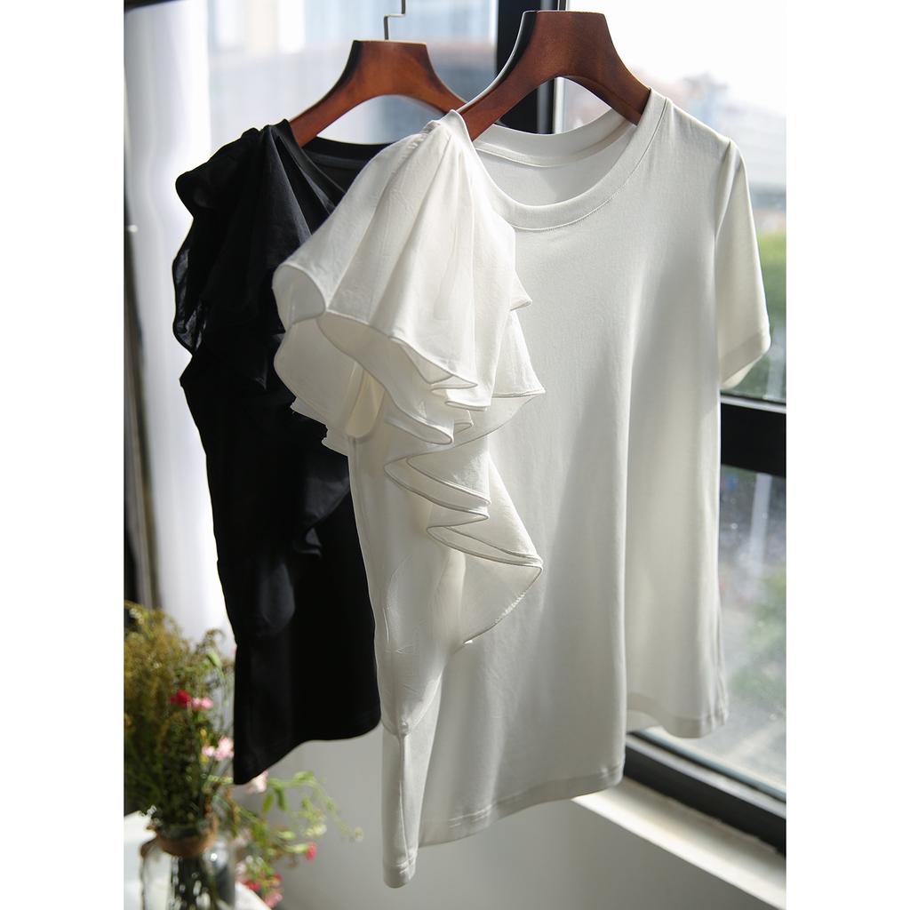 Нерегулярные оборки по краю, милый топ, темперамент, нишевый дизайн, футболка, женская летняя, простая, с круглым вырезом