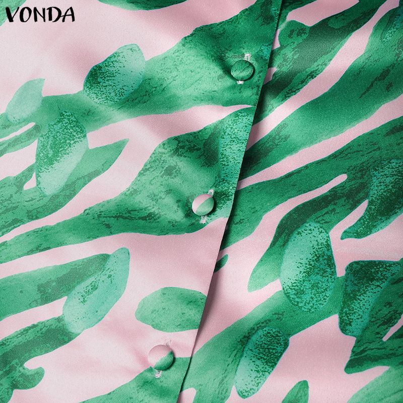 VONDA Oversized Women Casual V Neck Long Sleeve Floral Print Belt Smooth Loose Dress