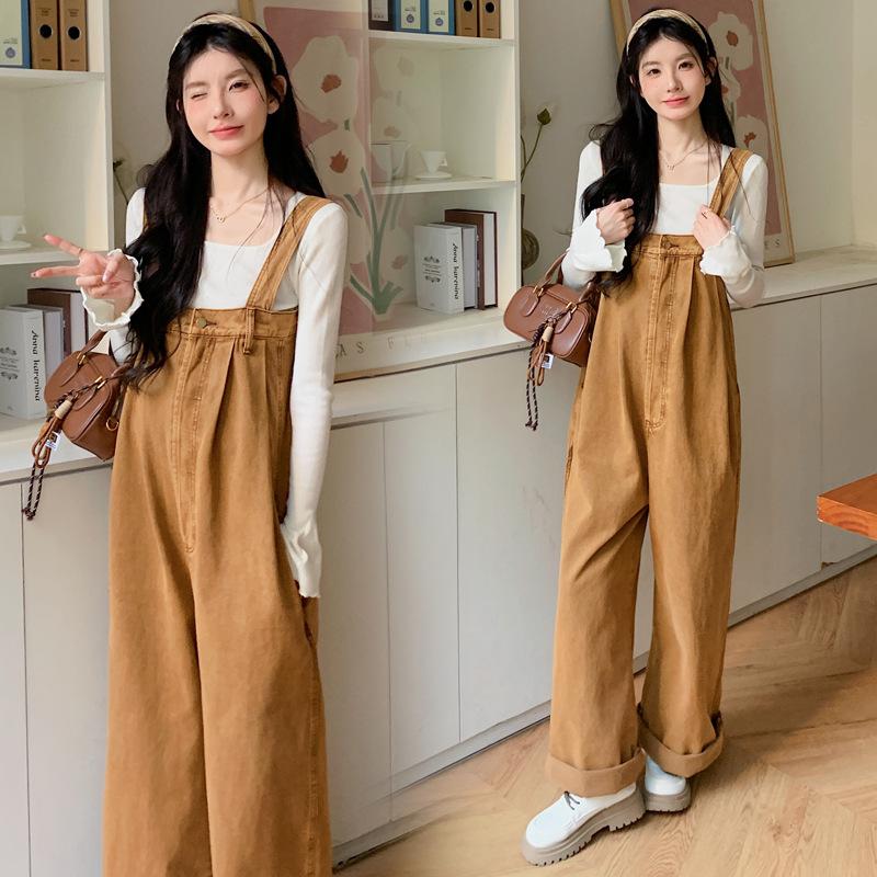 2026 Spring Maternity Set: Washed Denim Overalls & Bell Sleeve Layered Top