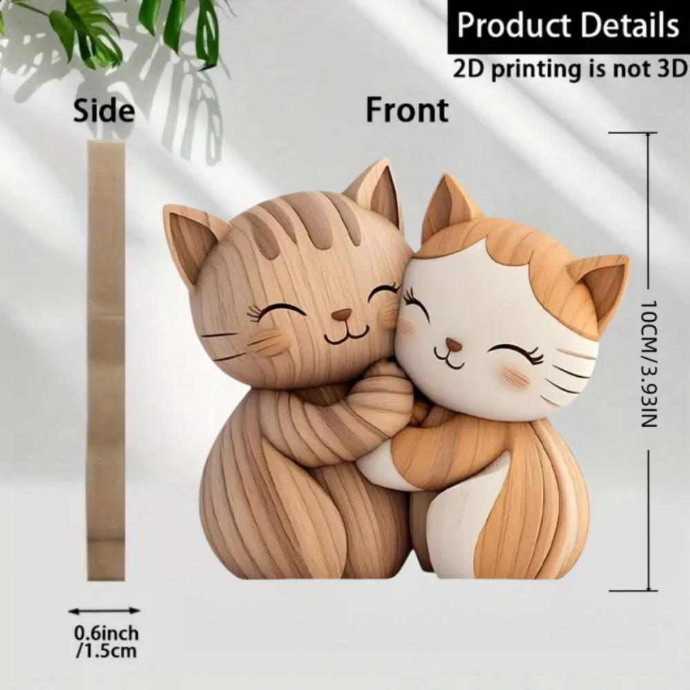 Wooden Kitten Couple Sculpture Charming 2D Flat Cat Enthusiast Gift Light and Dark Wood Grain Desktop Entrance Home Decoration