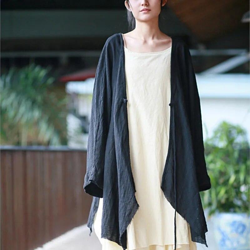 Johnature Woman Spring Loose Solid Color Vintage Coat Flared Sleeves V-Neck Retro Personality Coat