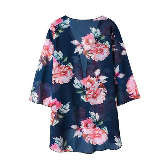 Women Floral Leopard Print Half Sleeve Shawl Cardigan Bikini Cover Up Blouse Top