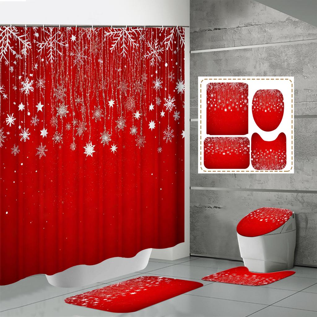 4PCS Shower Curtain Sets With Shower Curtain And Rugs Toilet Lid Rug U Shape Mat And Bath Mat Bathroom Set With 12 Hooks