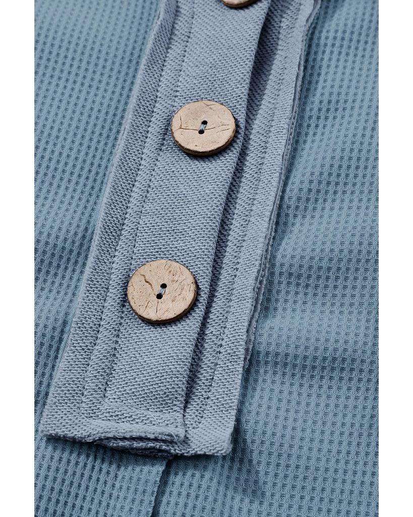 Azura Exchange Sky Blue Waffle Knit Buttoned Long Sleeve Top