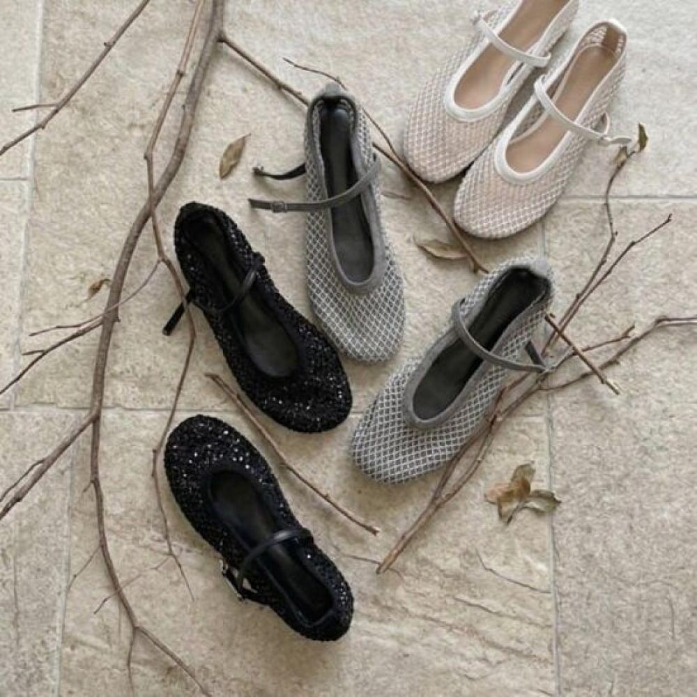 Melting Brown Women Square Toe Beaded Mesh Mary Jane Flat Shoes 3 Colors