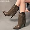 Модные туфли на высоком каблуке, модные женские туфли до середины голени, сексуальные кожаные зимние туфли с острым носком 2025 года, дизайнерские туфли-гладиаторы Botas De Mujer