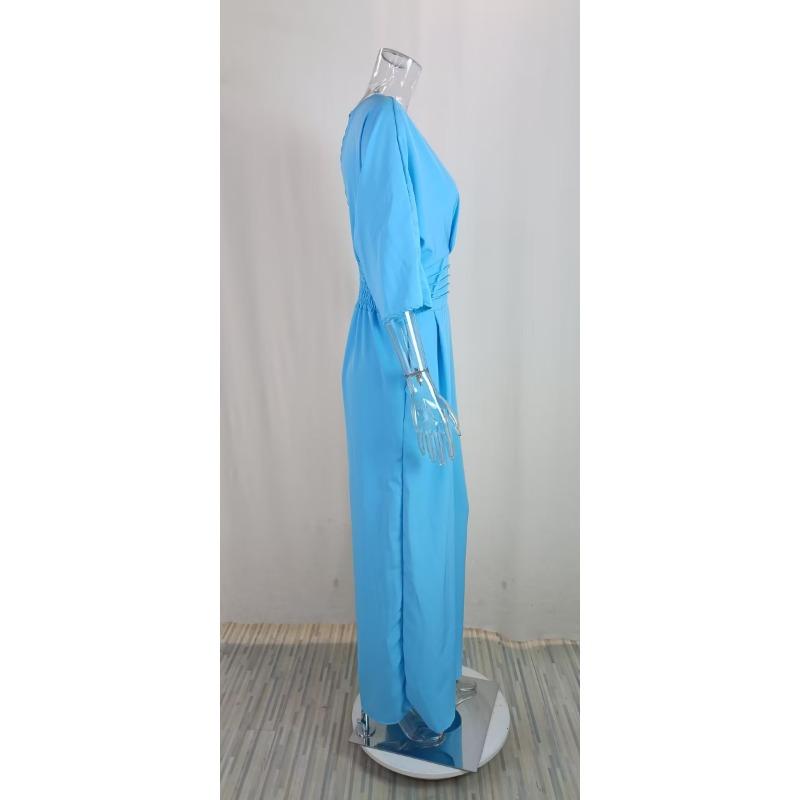 Летнее элегантное платье, женская мода, однотонный повседневный комбинезон с короткими рукавами и v-образным вырезом