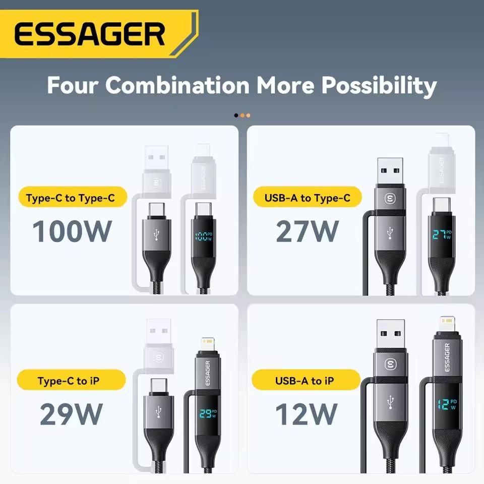Essager Кабель USB 4 в 1 с цифровым дисплеем Type C 100 Вт PD Кабель для быстрой зарядки для iPhone Macbook iPad Xiaomi Кабель Type C Lightning