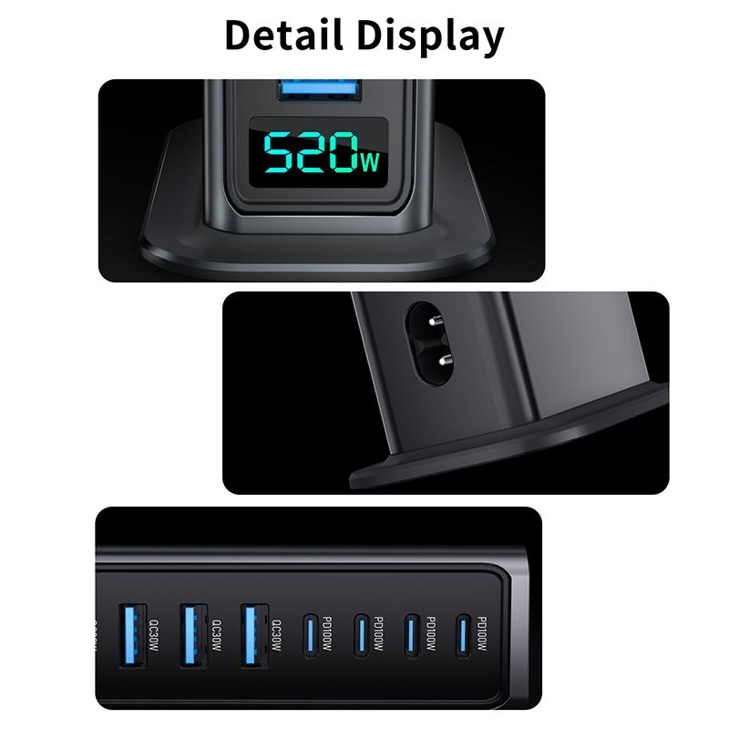 520 Вт 8-портовое настольное зарядное устройство для телефона, ноутбука, планшета со светодиодным дисплеем мощности, адаптер питания для быстрой зарядки PD для компьютера, ПК, для iPhone