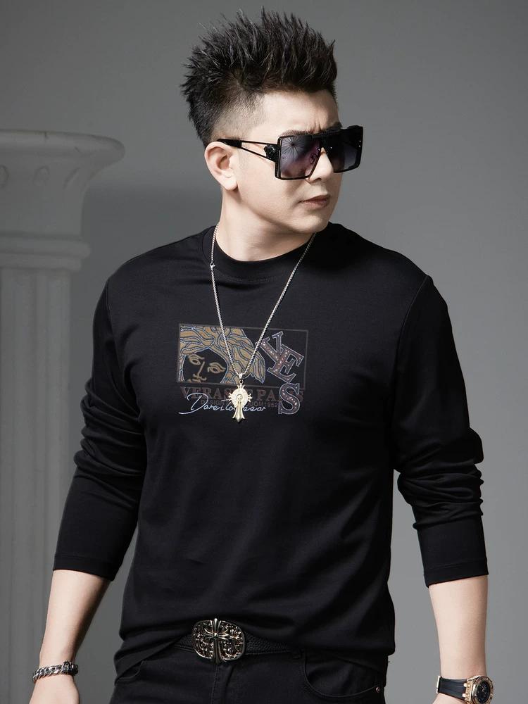 European Style Round Neck Long Sleeve T-Shirt for Men, 2025 Autumn New Trendy Printed Rhinestone Base Shirt Casual Top