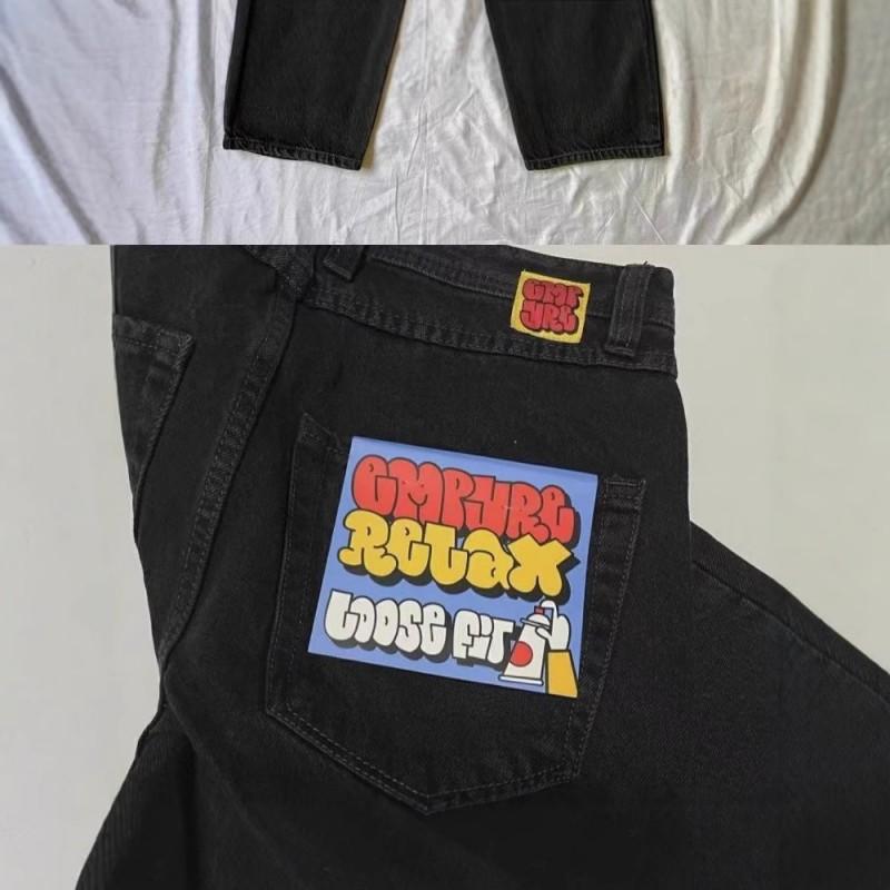 Mens Black Straight Fit Denim Skateboard Pants With Embroidery Mid-Rise Loose Streetwear Casual Wear