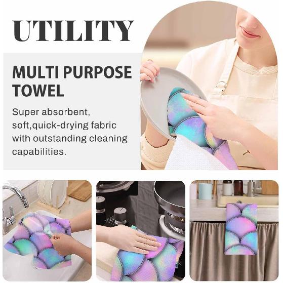 Mermaid Fish Scale Wave Kitchen Towels Set of 2 Japanese Watercolor Colorful Silver Line Scales 3D Dish Towels Absorbent Soft Hand Tea Bar Towels for