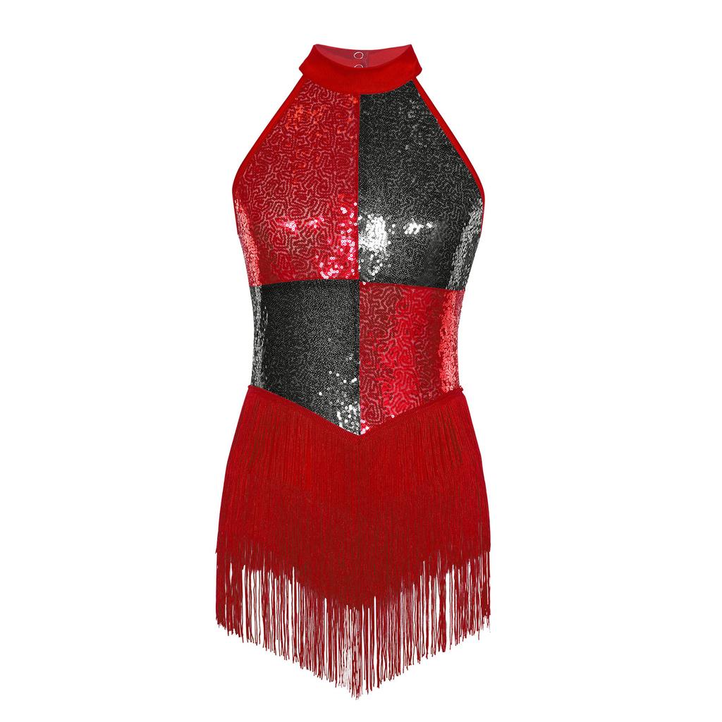 Женский костюм для латиноамериканских танцев без рукавов с открытой спиной, с цветными блоками, блестящими пайетками и кисточками, купальник