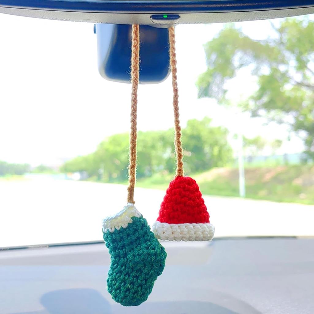 Handmade Hat and Stocking Rear View Mirror Accessories, Cute Crochet Decoration Car Mirror Hanging Accessories, Car Hanging Ornament and Bag Charm