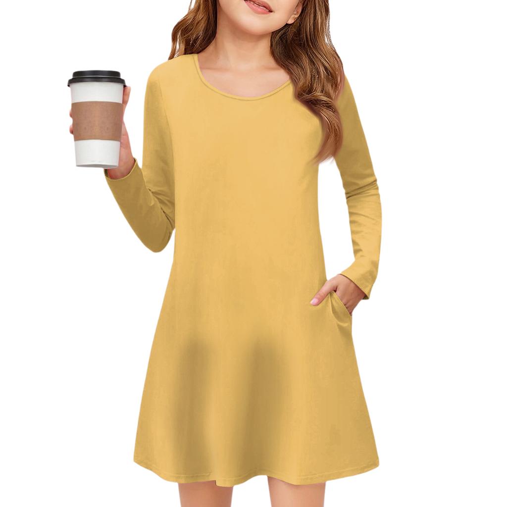 Girls' Long Sleeve Dress - Solid Color Pocket Dress