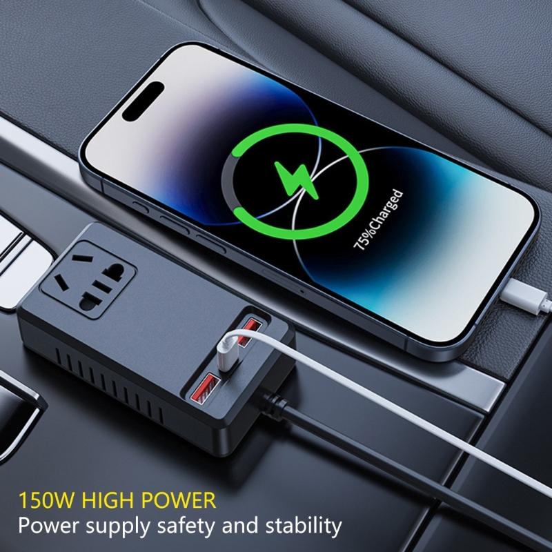 Автомобильный инвертор питания 150 Вт с 4 USB-портами, быстрая зарядка, для кемпинга, поездок, транспортных средств, инструмент для определения напряжения