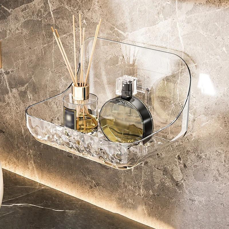 Акриловый прозрачный стеллаж для хранения, настенный дырокол для ванной комнаты, бесплатный лоток для хранения косметики, органайзер для макияжа, ванная комната, кухонная полка