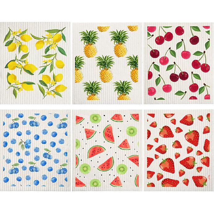 Patelai Mixed Fruit Swedish Kitchen Dishcloths Reble Dish Towels Absorbent and Fast Dry Cleaning Cloths for Kitchen Blueberry Cherry Strawberry Lemon