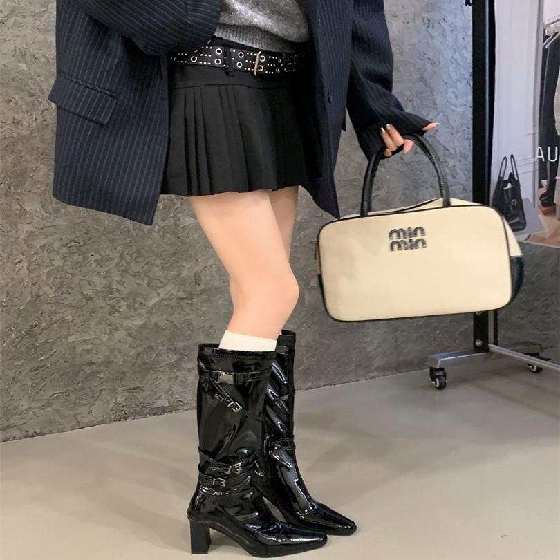 White Thick Heel High Heel Boots Women's European and American Patent Leather Thick Heel Square Head Belt Buckle Knight Boots But Knee Fashion Boots