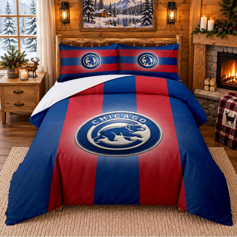 Printed 3Pcs Bedding Set Chicago Cubs Pattern Bed Sheet Pillowcase For Bedroom Decor
