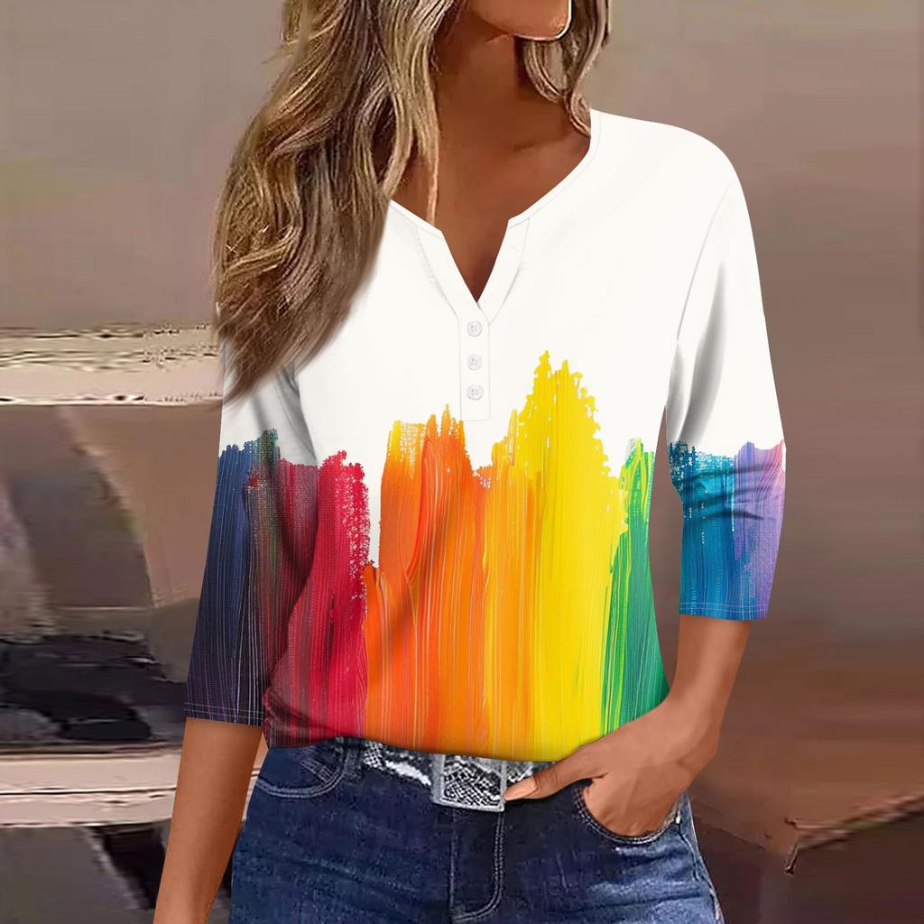 Жен. Футболка Футболка С принтом Пуговицы Рукав 3/4 Повседневные Выходные Мода Классический Классический V-образный вырез Обычный Верх
