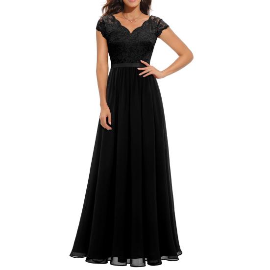 Women's Lace V-Neck Evening Dress Long A-Line Chiffon Bridesmaid Dress Mother of The Bride Wedding Guest Maxi Dress for Party Prom