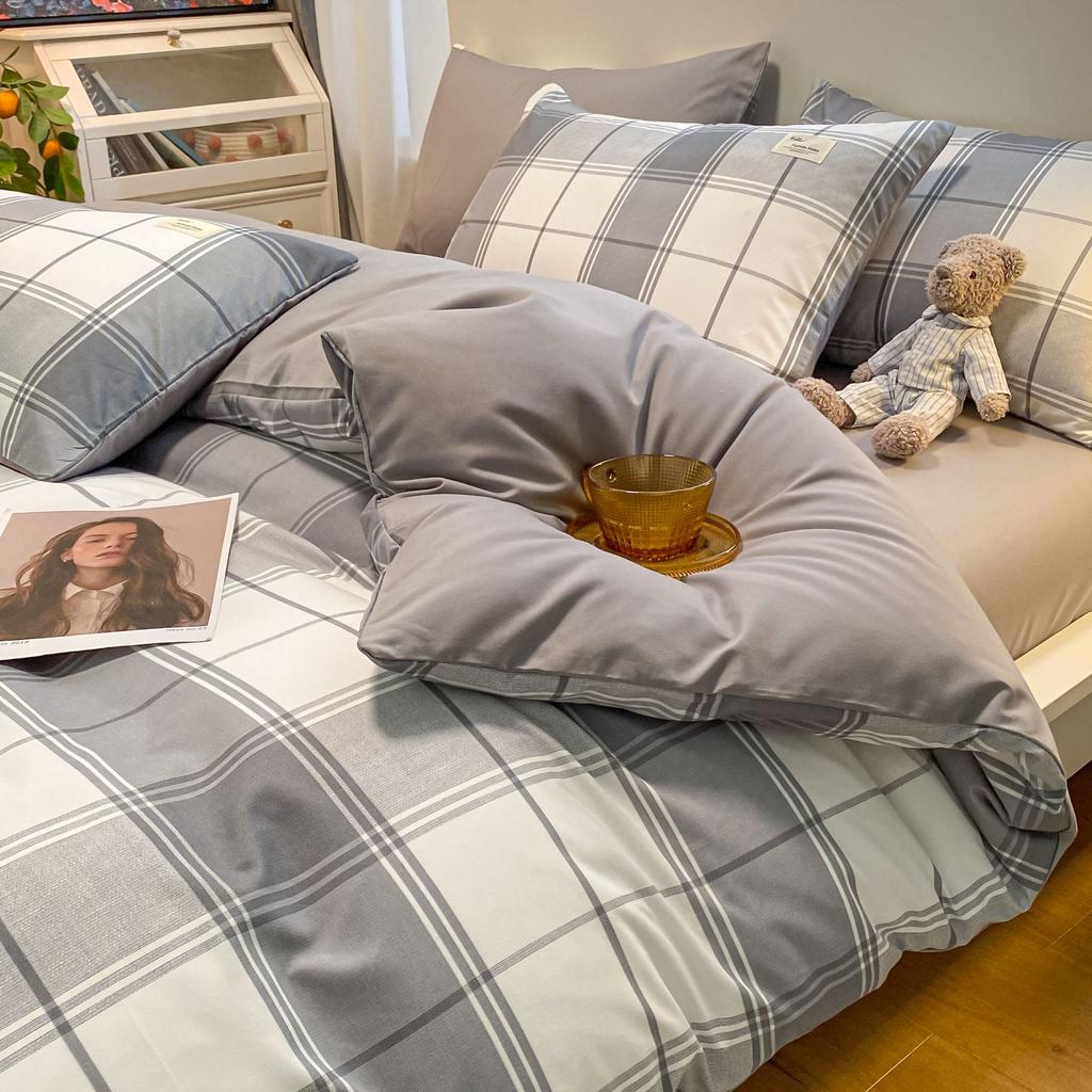 Простыня в клетку из четырех предметов и пододеяльник в японском стиле в скандинавском стиле, набор из трех предметов из стираного хлопка с начесом