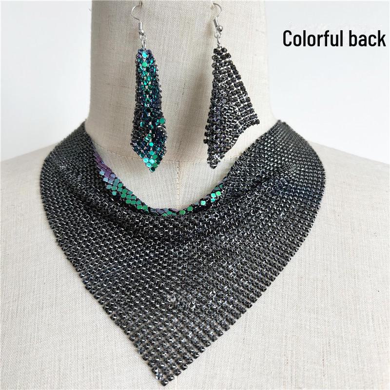 Европейский и американский шелковый шарф с пайетками и треугольным ожерельем в виде ключицы, комплект серег для женщин