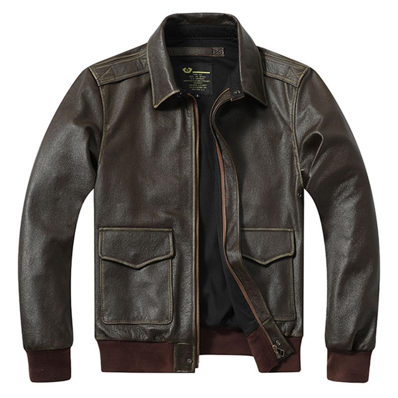 American Classic A2 Flight Jacket Rare Olive Top Layer Calfskin Men 'S Genuine Leather Jacket Loose Lapel Air Force Flight Suit