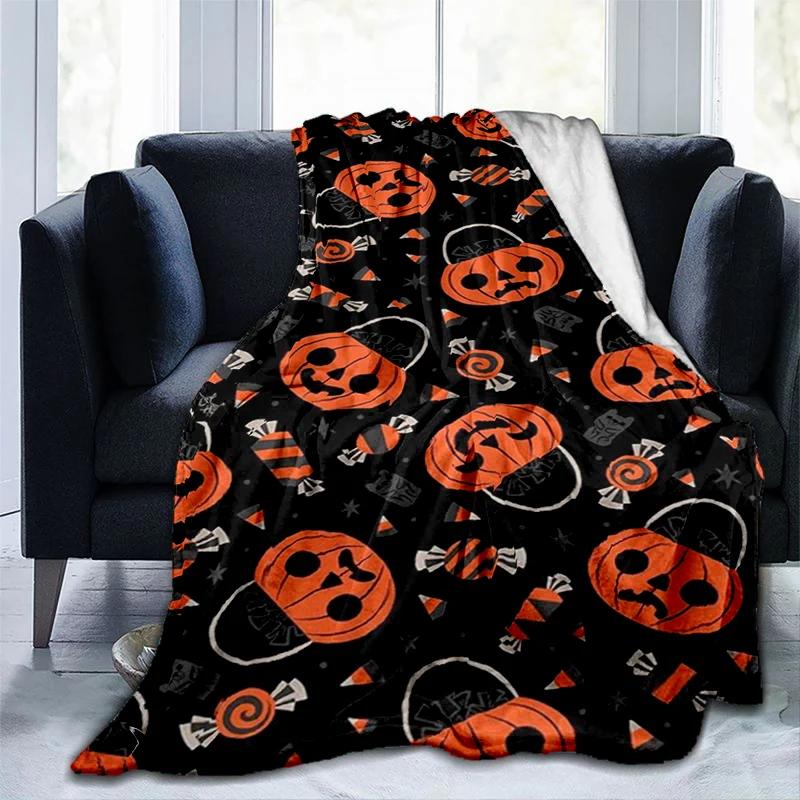 Halloween Pumpkin&horror Ghost Printed Blanket, Fashionable Warm Flannel Blanket, Sofa Bed Cover Blanket, Halloween Gift