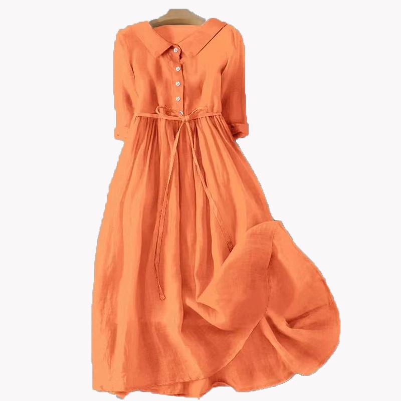Хлопковое однотонное платье-рубашка для женщин с воротником с лацканами, коротким рукавом и завязками на пуговицах, платье миди с высокой талией, летнее дышащее легкое, мягкое, элегантное рабочее платье
