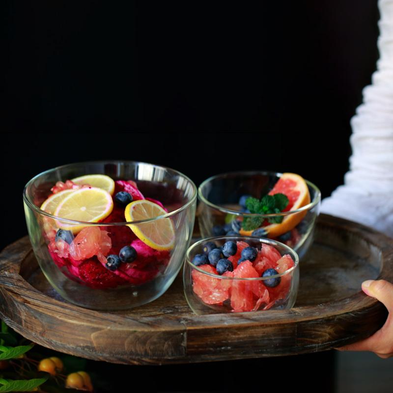 YWDL 300/500ml Clear Double Layer Glass Bowl Heat-resistant Fruit Salad Bowl Kitchen Glassware For Soup Cereal Dessert Bowls