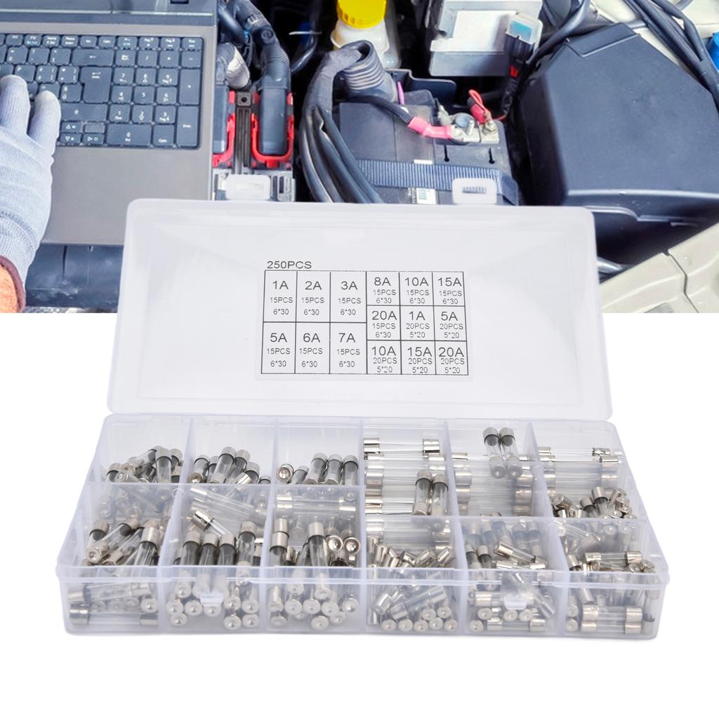 250 шт. стеклянных предохранителей в коробке, автомобильный набор для быстрого перегорания трубок, 15 видов спецификаций 1‑20 А