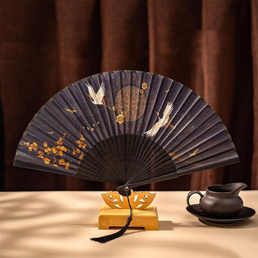 Классический китайский складной веер с изящным узором журавлей, веер ручной работы в старинном стиле для танцевальных представлений и свадебного декора