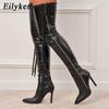 New Fashion Women Over The Knee Boots PU Leather Thin High Heels Winter Shoes Sexy Pointed Toe Long Zipper Boots