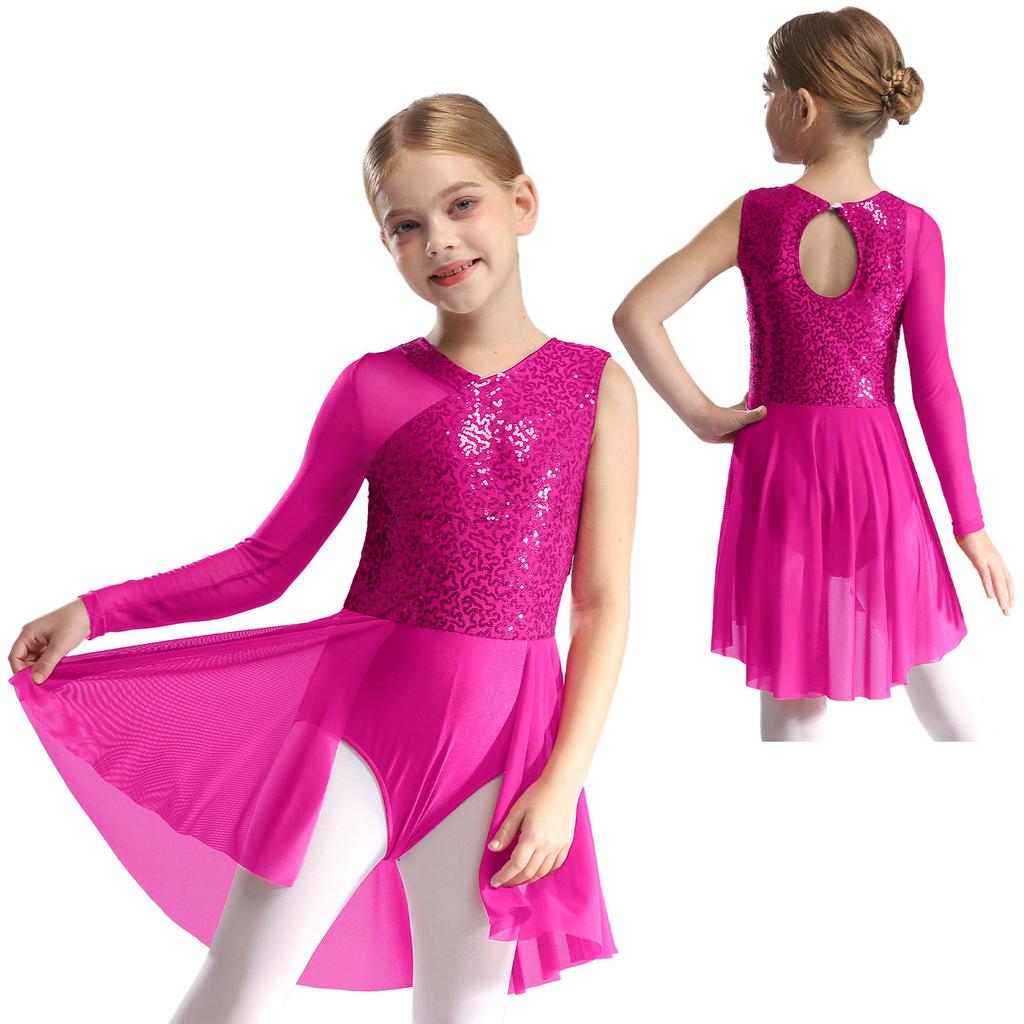 Kids Girls LJazz Dancewear Yrical Skating Dance Dress One Shoulder Asymmetrical Sleeve Shiny Sequins Ballet Ballroom Dance Skirted Leotard