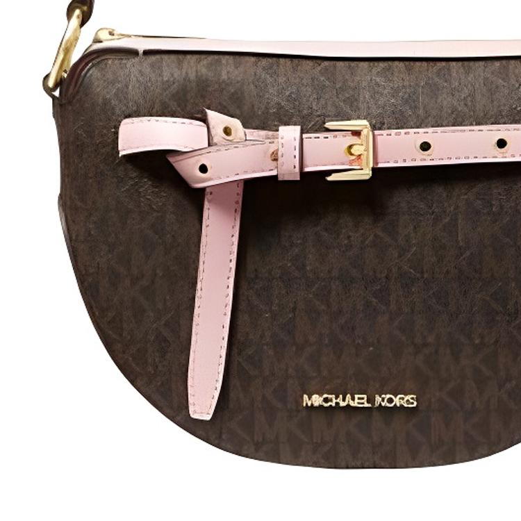 Michael Kors MK Emilia Сумка через плечо на ремне с принтом монограммы и логотипом-сердцем, средняя, женская, коричнево-розовая 35S1GU5C6B-POWDER-BLUSH