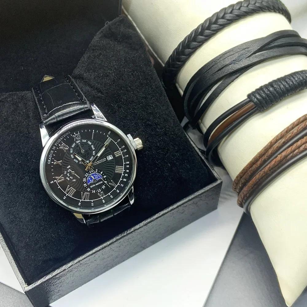 5pc New Men Watches Quartz Watch Sport Chronograph Luxury Men Automatic Date Watches Include Bracelet Box for Any Scene