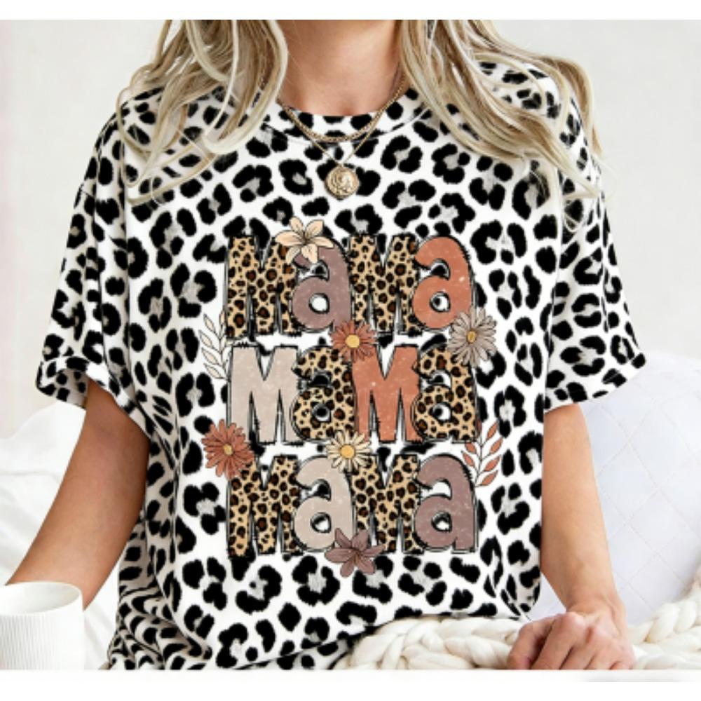 Funny Colorful Leopard Mama Print Women's Short Sleeves T-Shirt Loose Casual Summer Outdoor Street Women's Tees Tops