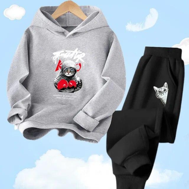 Толстовка с капюшоном + брюки для мальчиков, повседневный спортивный осенне-зимний комплект, детский комплект одежды с принтом кота и мультяшным животным