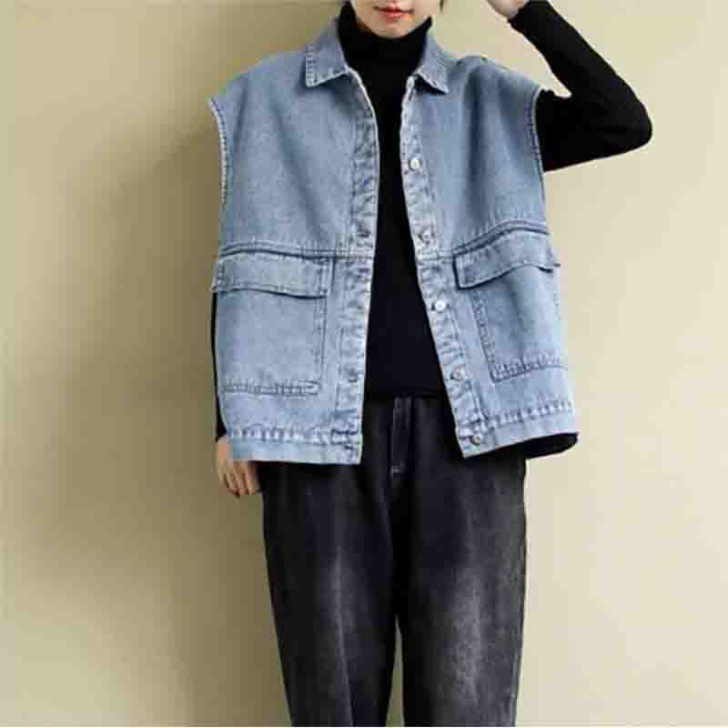 Женская весенне-летняя ретро-литература и искусство, большой размер, свободный универсальный повседневный жилет, однобортная тонкая джинсовая куртка без рукавов, пальто