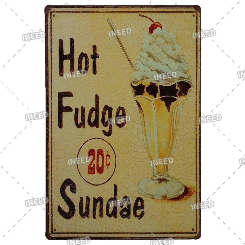 Tin Sign FastFood Pizza Hot Dog Hamburgers Ice Cream Fries Pop Corn Metal Vintage Plaque Metal Retro Plate Kitchen Wall Decor