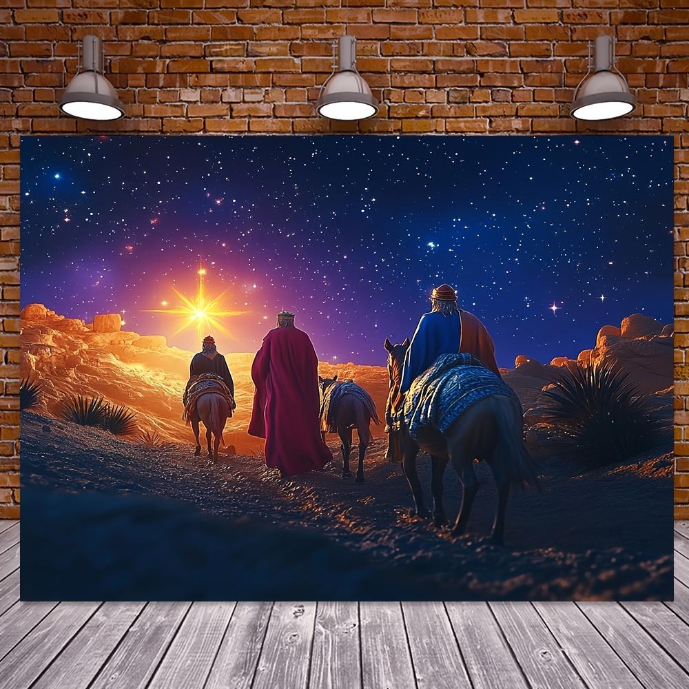 1pc Nativity Scene Tapestry Backdrop Durable Polyester Fabric Starry Night Desert Scene with Silhouettes of Three Wise