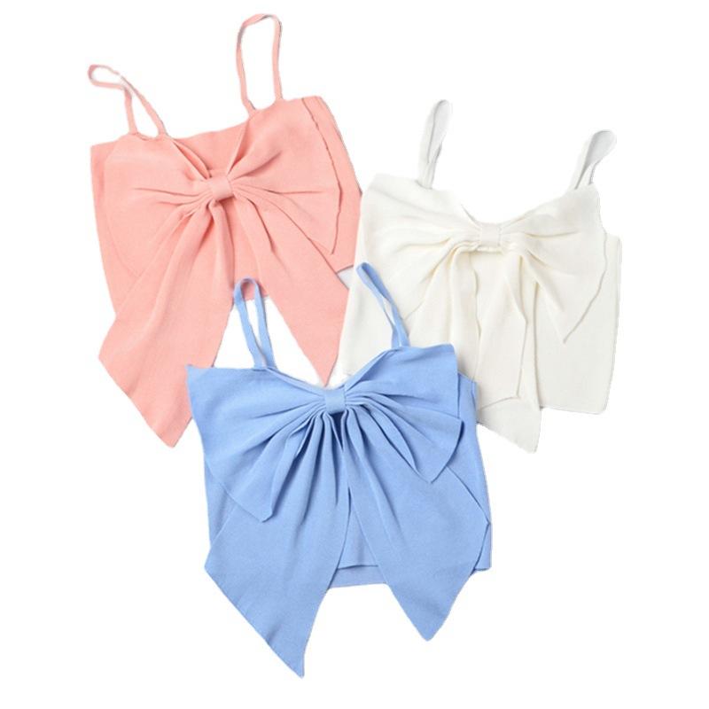 Женский однотонный укороченный топ без рукавов с бантом, трикотажные тонкие женские сексуальные, милые и шикарные тонкие базовые майки Kawaii, уличная одежда