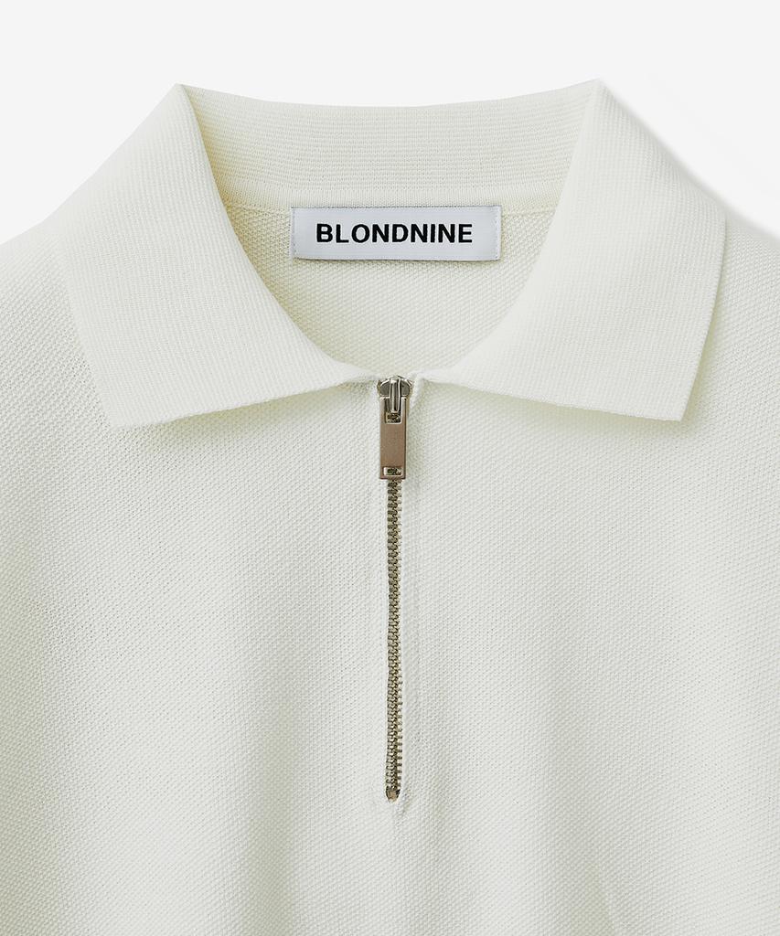 BLOND9 Хлопковый вязаный топ с полумолнией и коротким рукавом_Слоновая кость