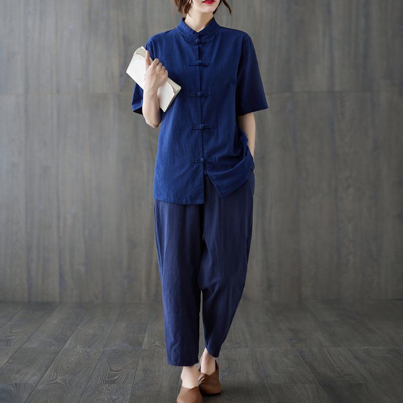 Spring Summer Zen Style Chinese Cotton Linen Frog Button Robe - Loose Fit Tai Chi Suit with Stand Collar for Men