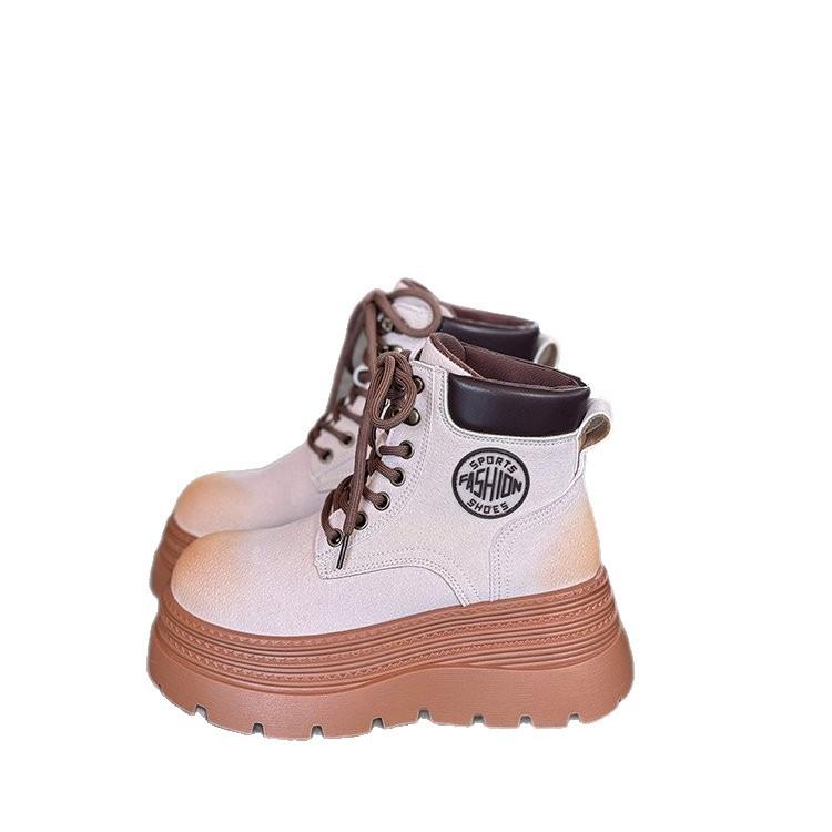 Кожаные ботильоны на толстой подошве с увеличением высоты, ботинки цвета ревеня, женские, 2025, осенние новинки, универсальные, популярные в интернете, взрыв, ремешок, ботинки Мартин