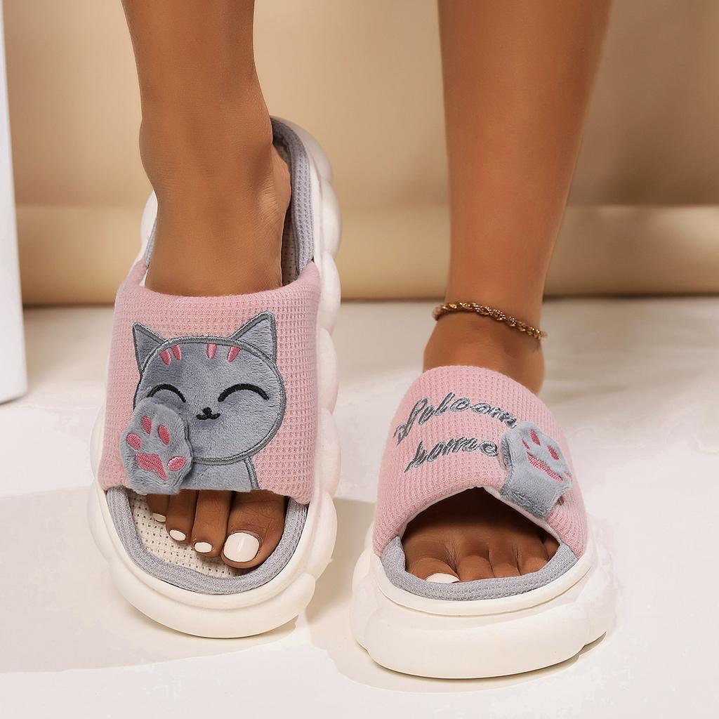 Cute Cartoon Cat Home Slippers for Women In All Four Seasons, Thick Soled Spring and Autumn Cotton Slippers for Indoor Use