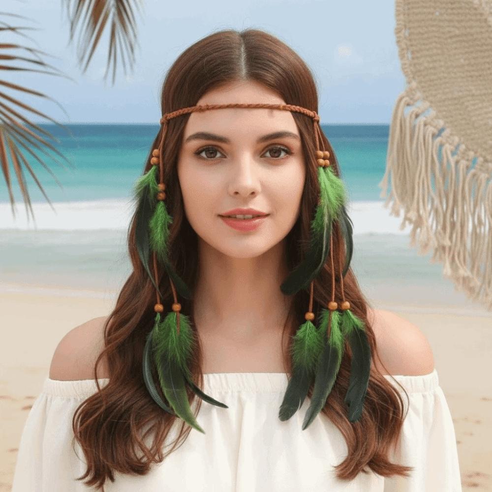 Braided Cord Bohemian Tassel Headband Tribal Feather Hair Extensions Western Cowgirl Outfit