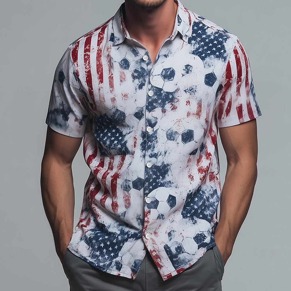 Men's Spring Summer Casual Streetwear Shirt US Flag Football Soccer 3D Print Turndown Collar Short Sleeve Button Up White Shirts